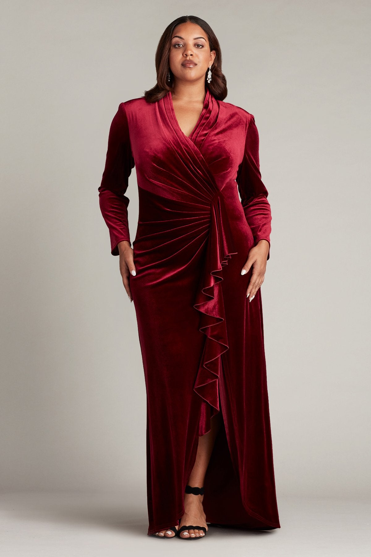 Markum Long-Sleeve Velvet Flounce Gown - PLUS SIZE