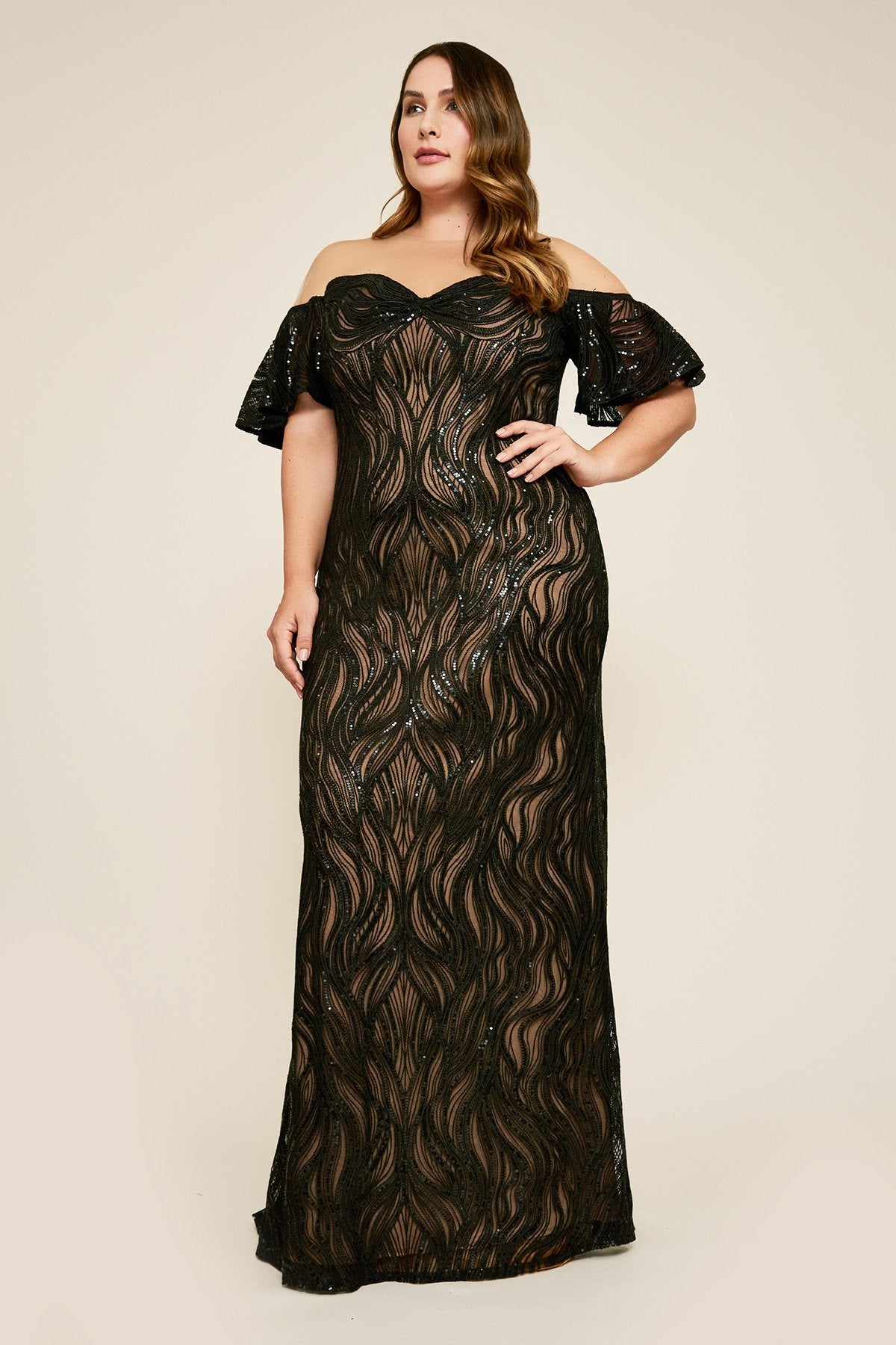 Nerilla Sequin Off-The-Shoulder Illusion Gown - PLUS SIZE