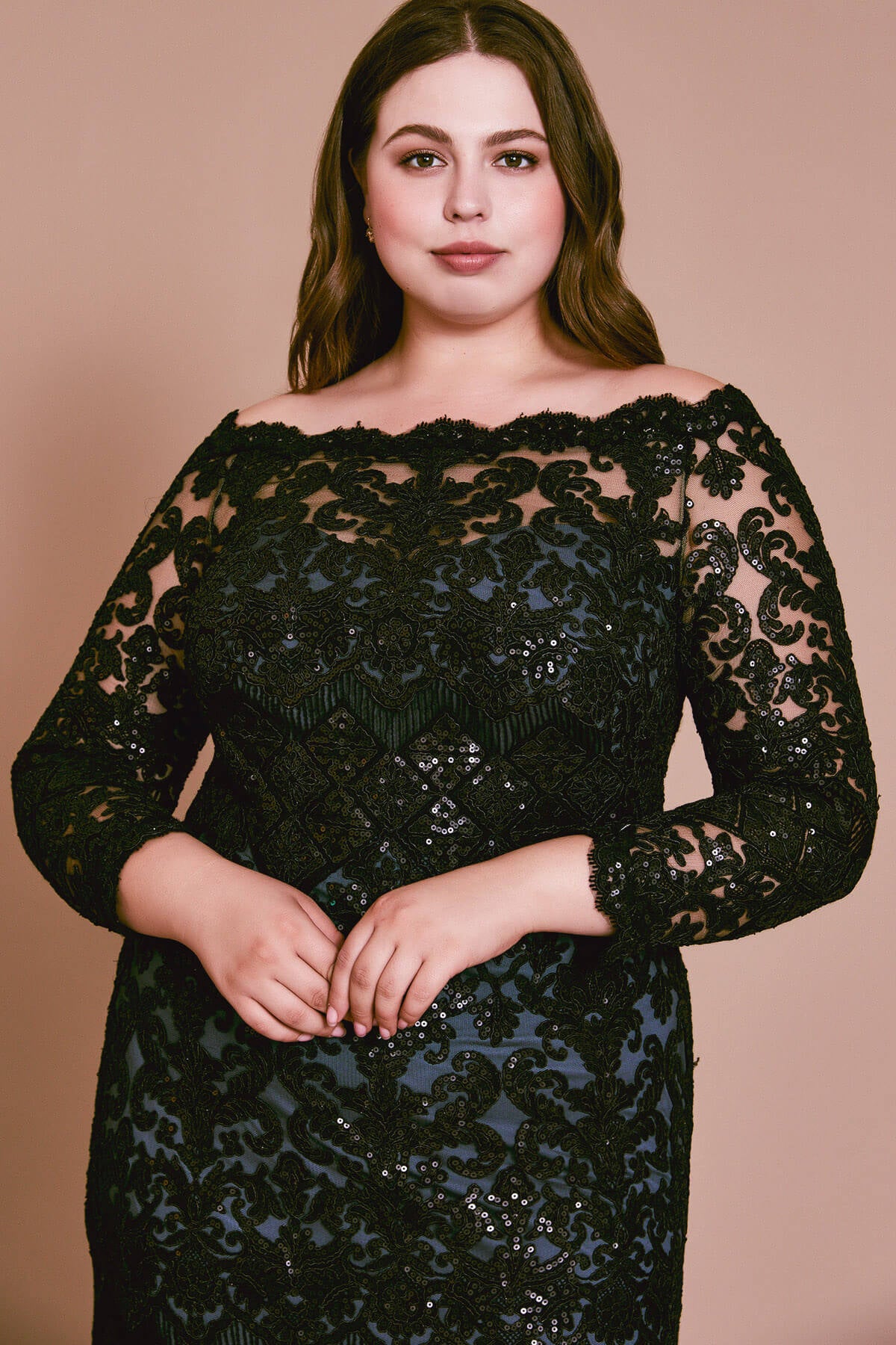 Eve Long-Sleeve Sequin Embroidered Gown - PLUS SIZE