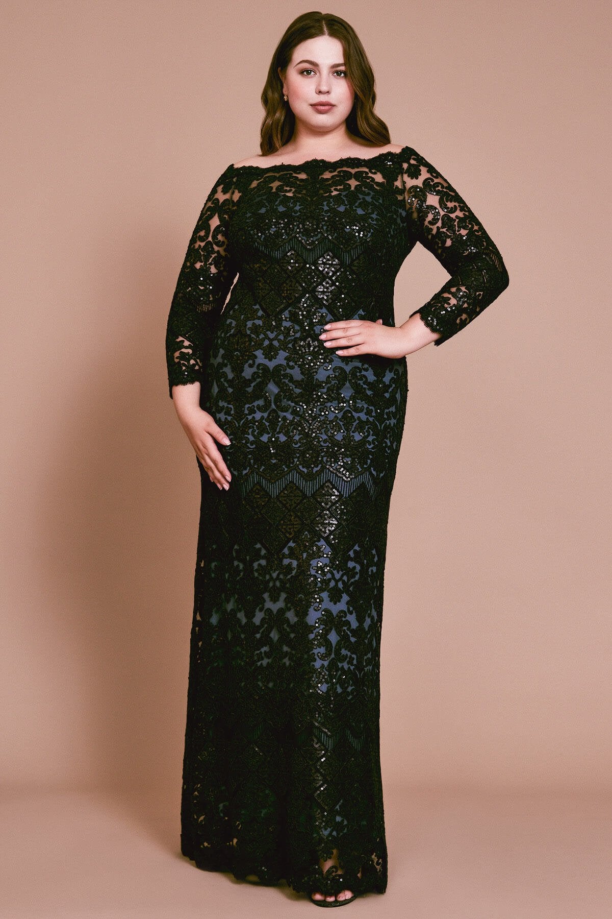 Eve Long-Sleeve Sequin Embroidered Gown - PLUS SIZE