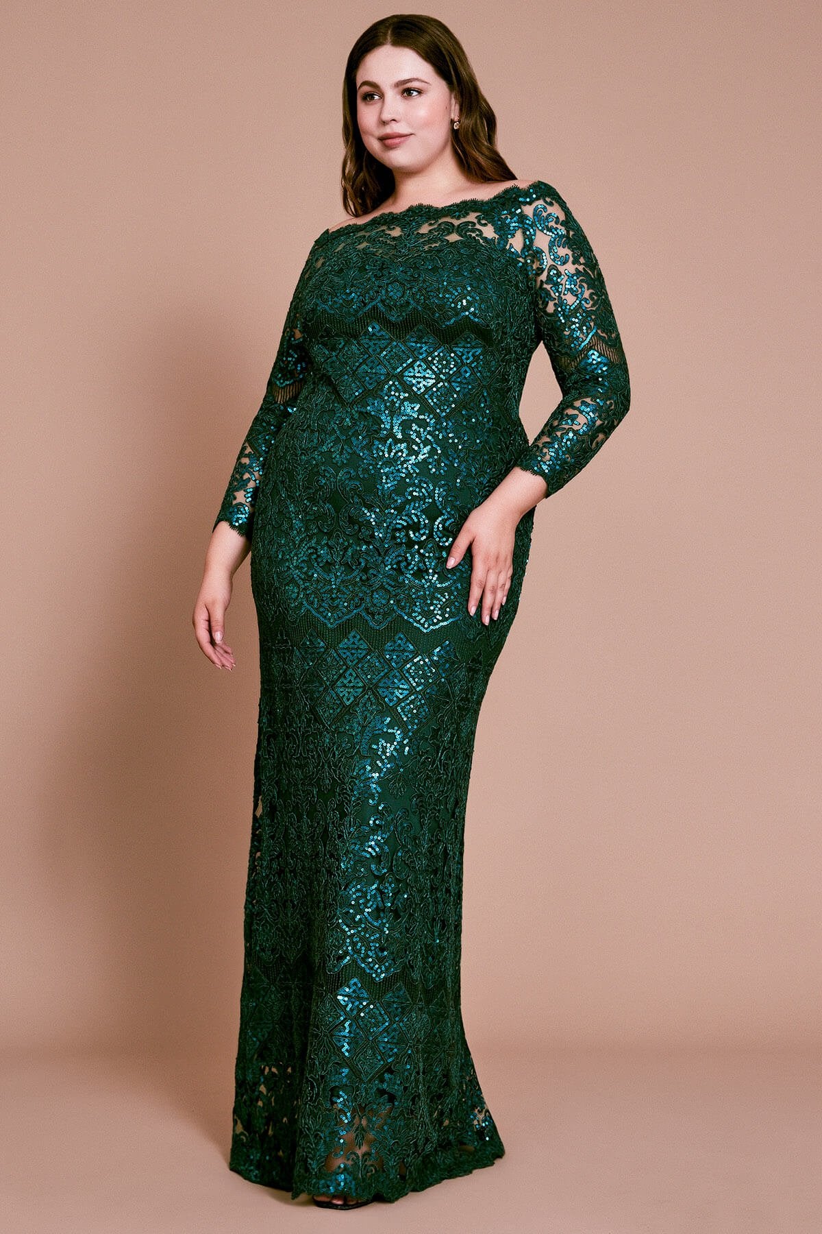 Eve Long-Sleeve Sequin Embroidered Gown - PLUS SIZE