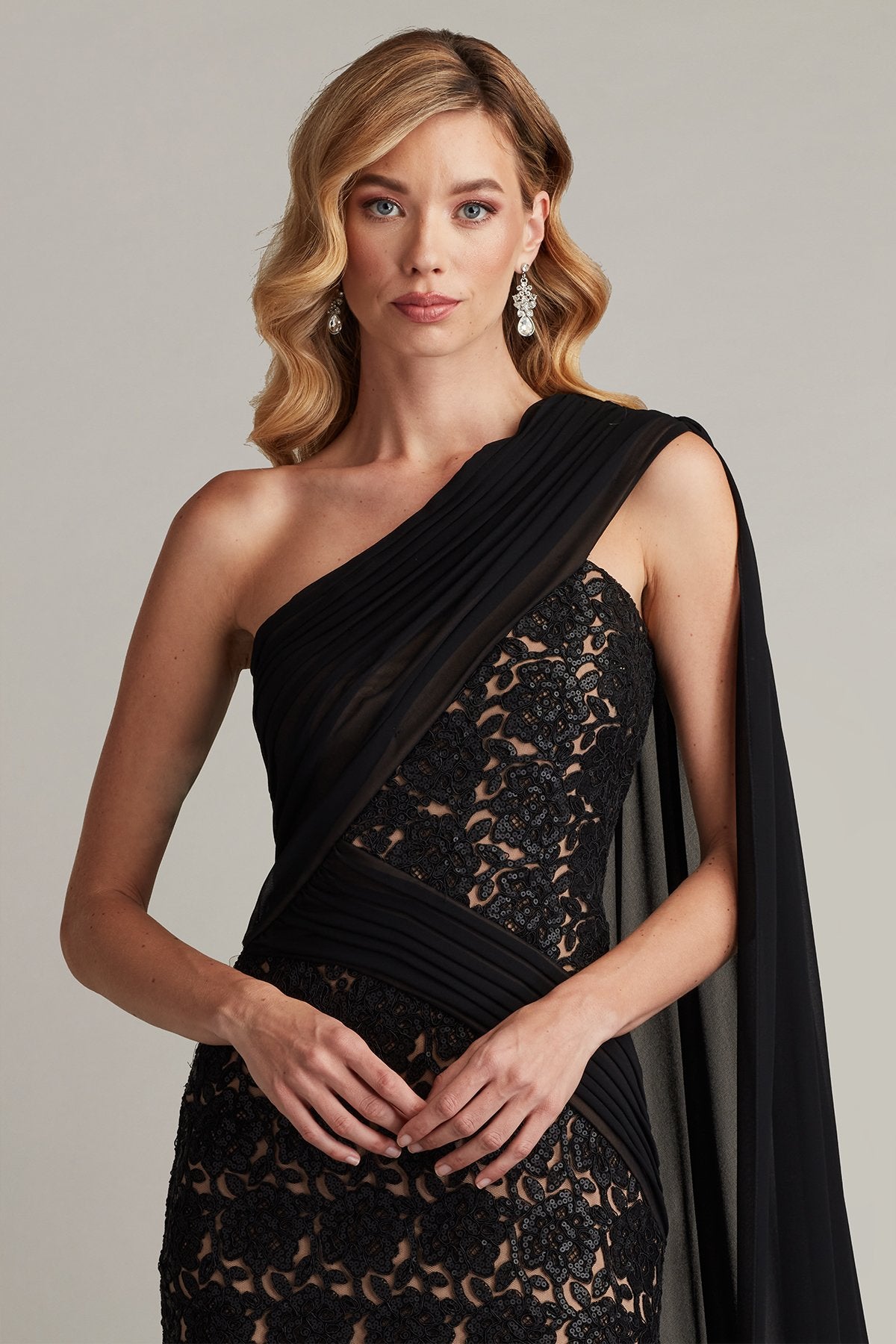 Eamon Draped Sleeve Sequin Embroidered Gown