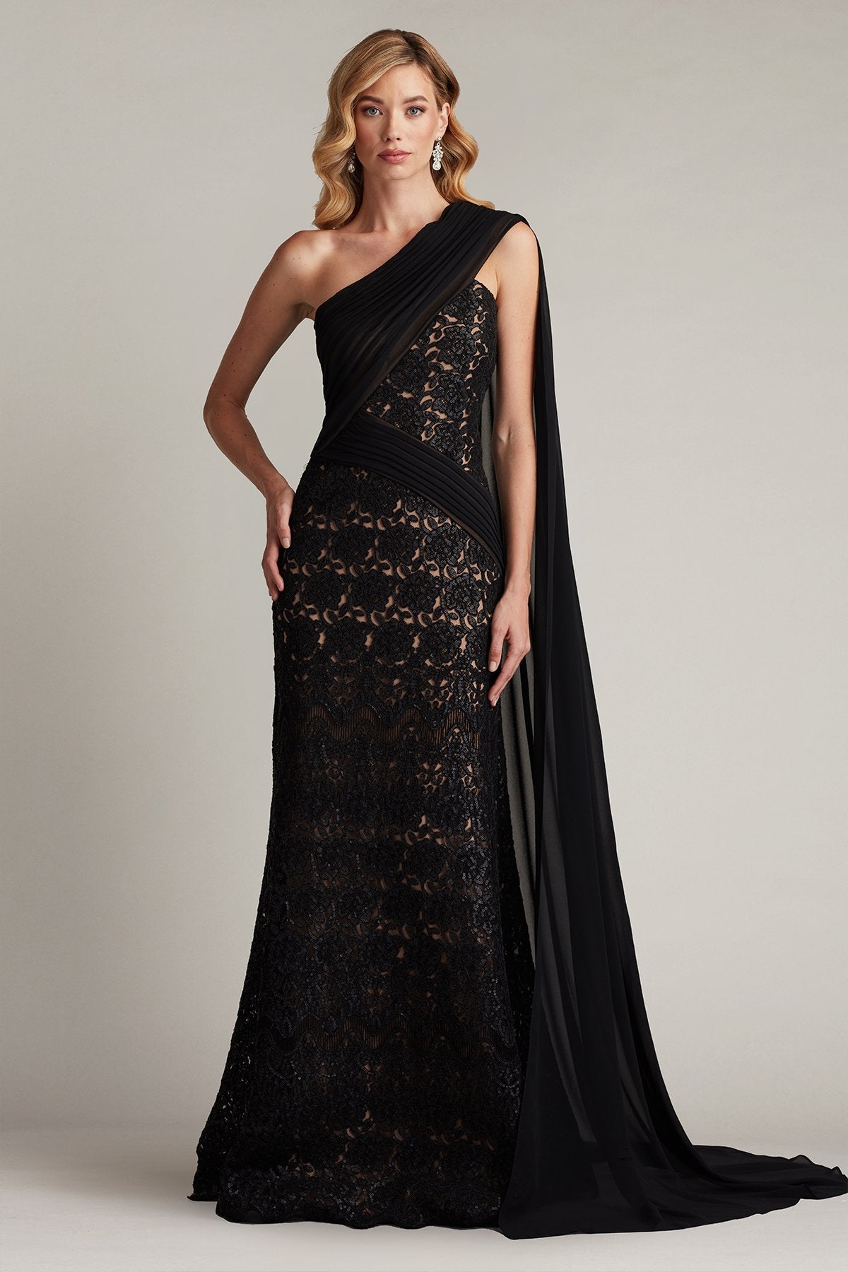 Eamon Draped Sleeve Sequin Embroidered Gown