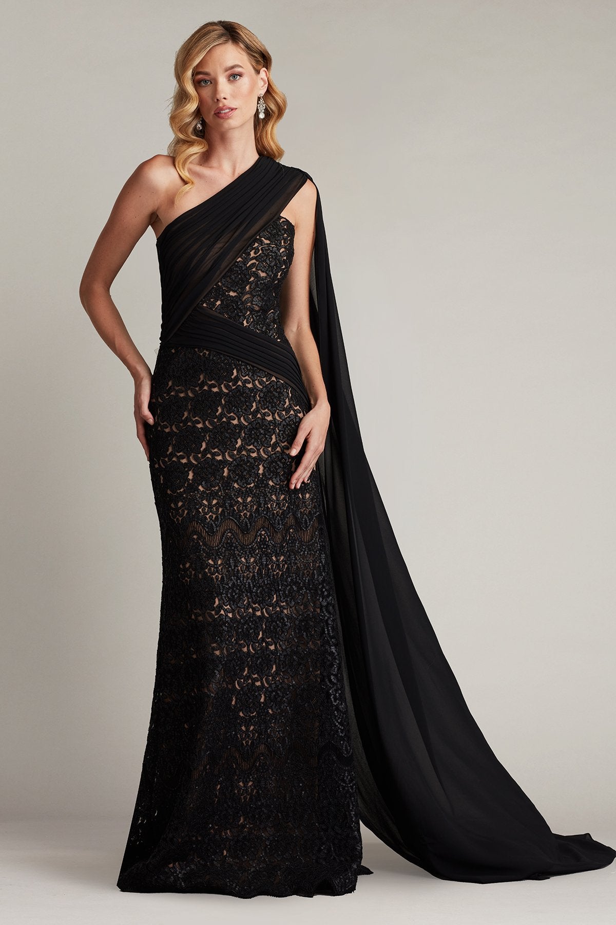 Eamon Draped Sleeve Sequin Embroidered Gown
