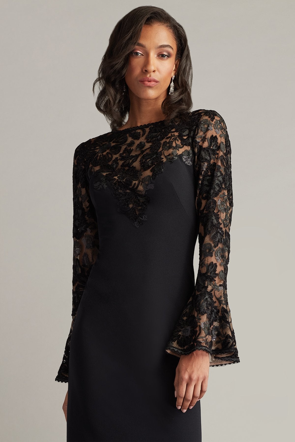 Lou Embroidered Crepe Bell Sleeve Dress
