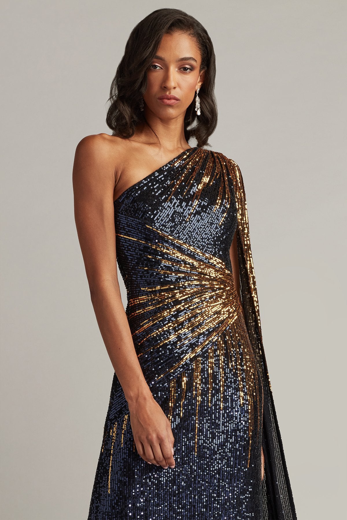 Marseille Sequin Cape-Sleeve Gown