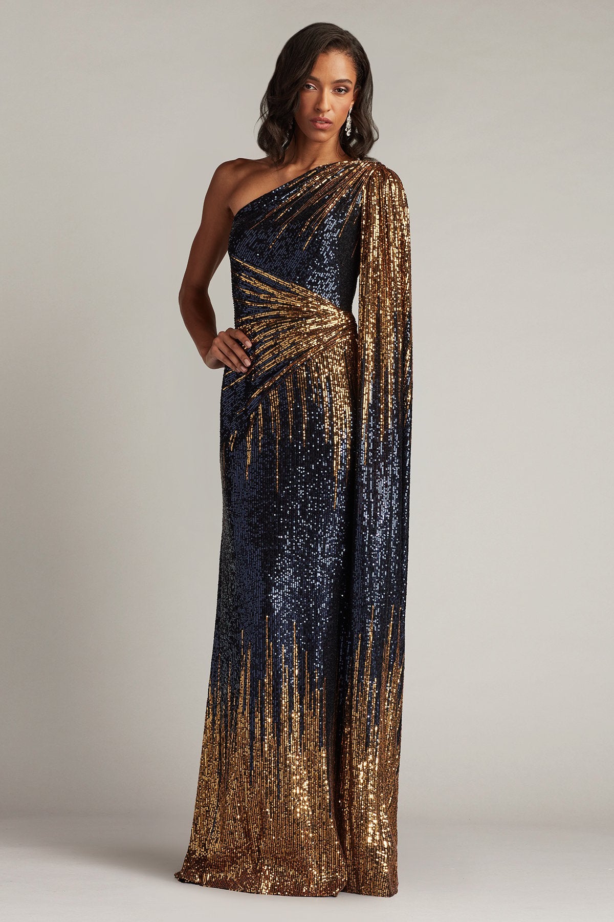 Marseille Sequin Cape-Sleeve Gown