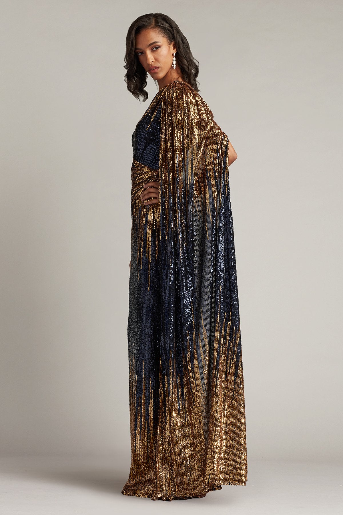 Marseille Sequin Cape-Sleeve Gown