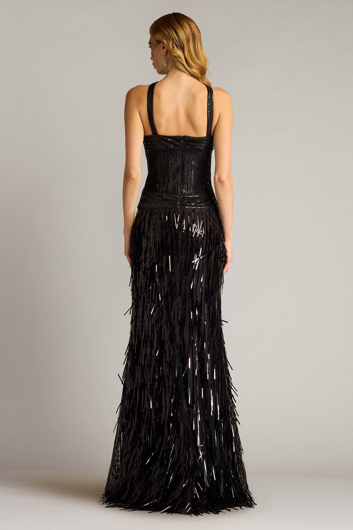 Ares Sequin Fringe Halter Gown