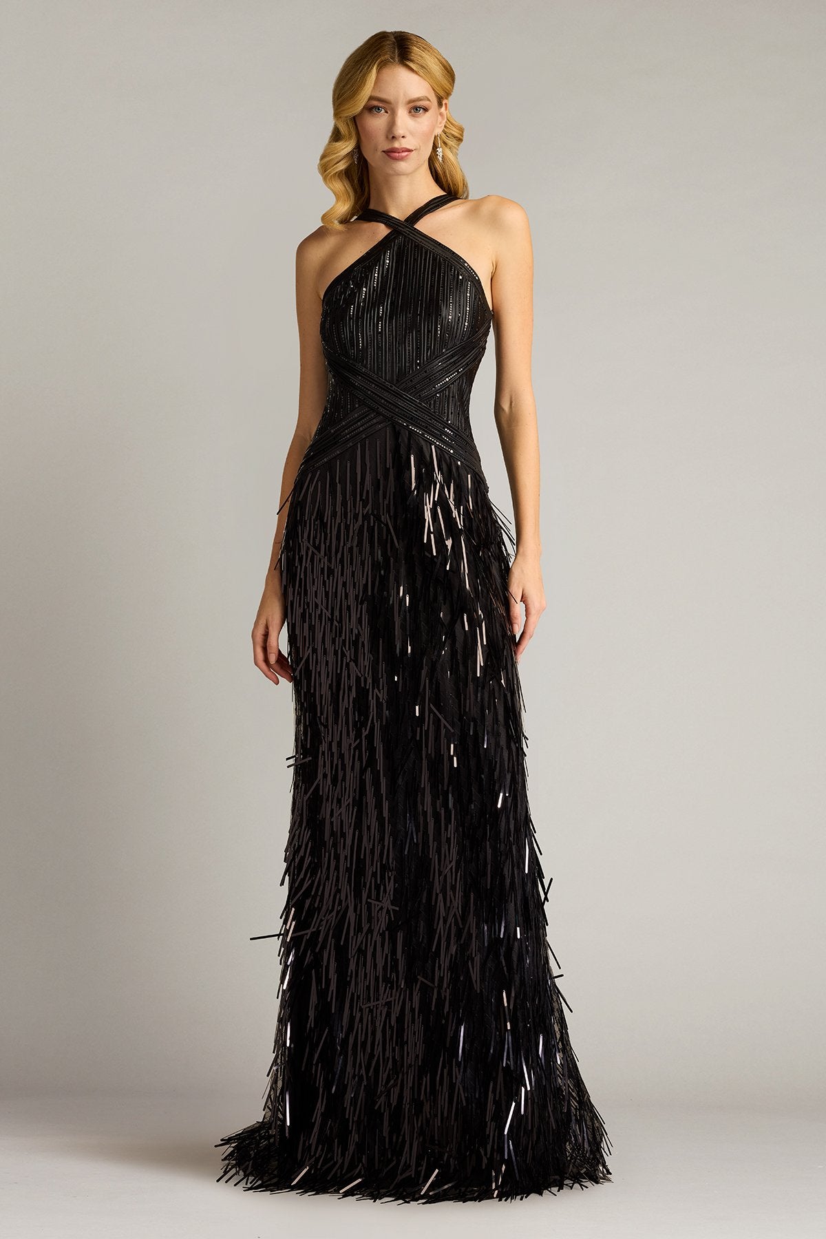 Ares Sequin Fringe Halter Gown