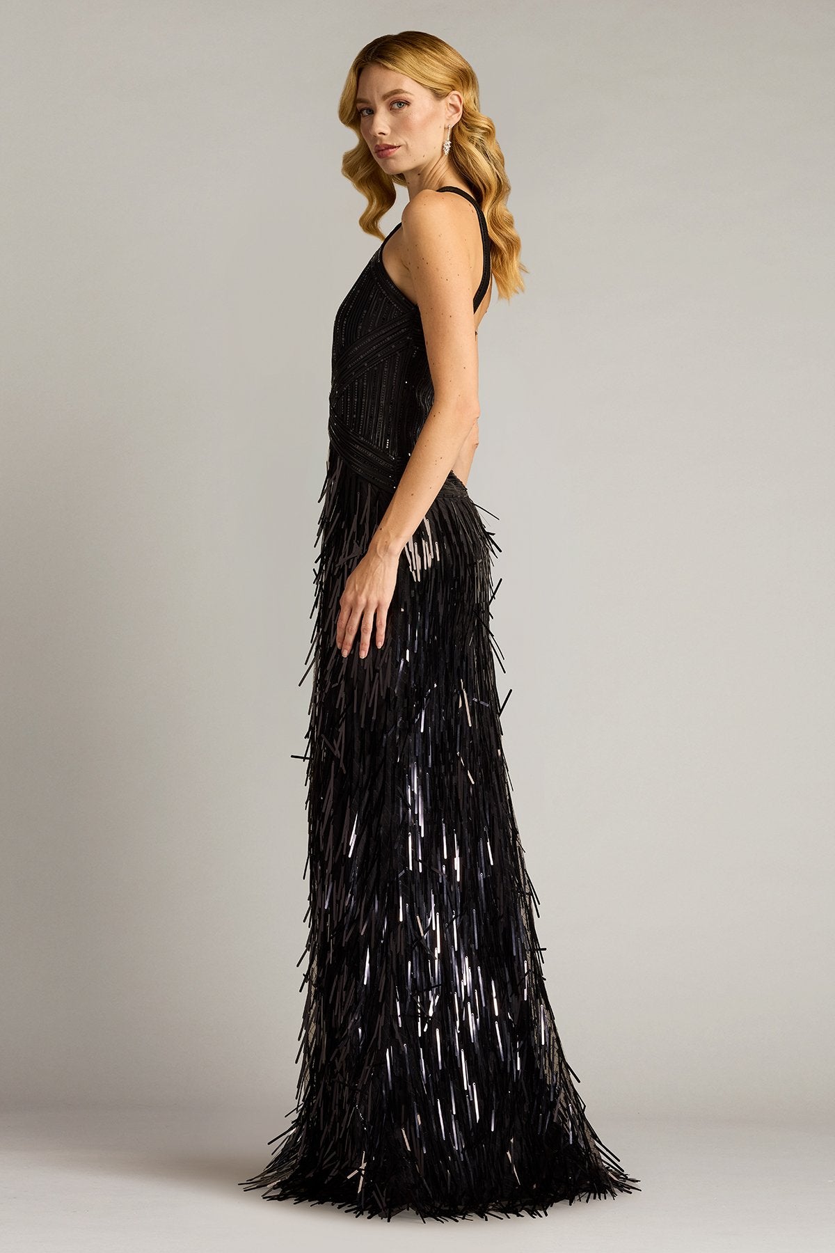 Ares Sequin Fringe Halter Gown